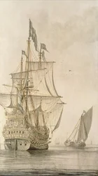 Ein Kriegsschiff unter Segeln, vom Heck aus gesehen, mit einem Boeiler in der Nähe